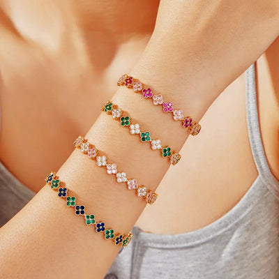 Queenie Multi-colored Rhinestones Four Leaf Clover Bangle Bracelet