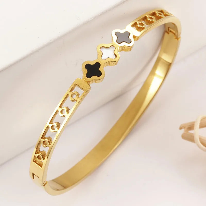 Farrah Four Leaf Clover Hallow Gold Bangle Bracelet