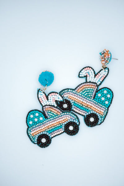 Easter Bunny Car Seed Bead Earrings in Turquoise