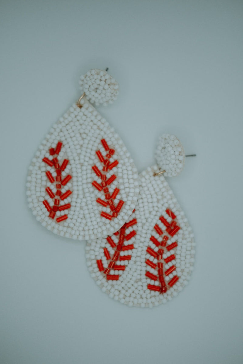 Softball Teardrop Seed Bead Earrings in White