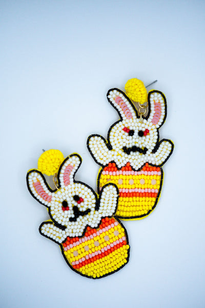 Easter Bunny on Egg Seed Bead Earrings in Yellow