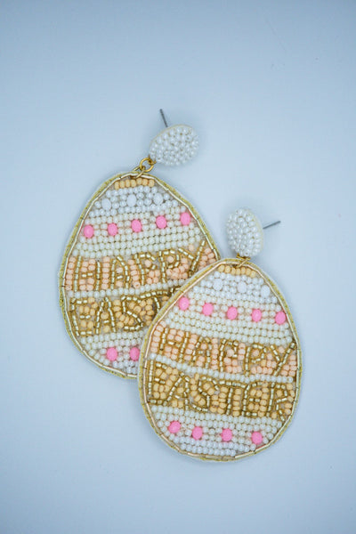 Happy Easter Egg Seed Bead Earrings in White