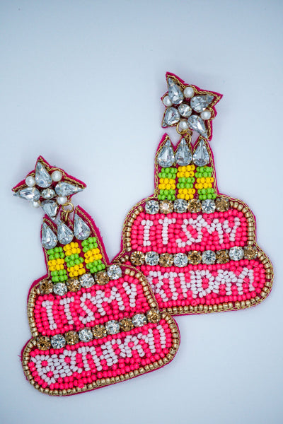 Happy Birthday Cake Seed Bead Earrings in Pink