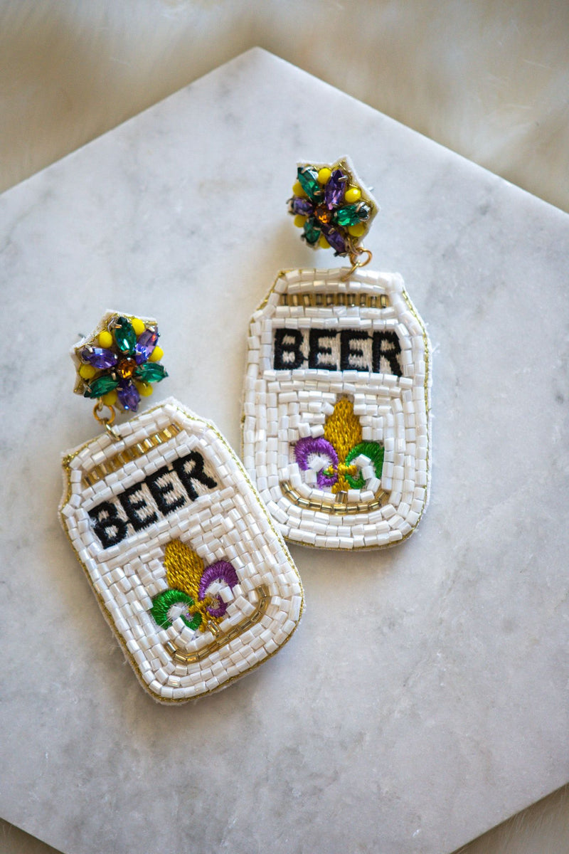 Mardi Gras Beer Felt Back Beaded Earrings