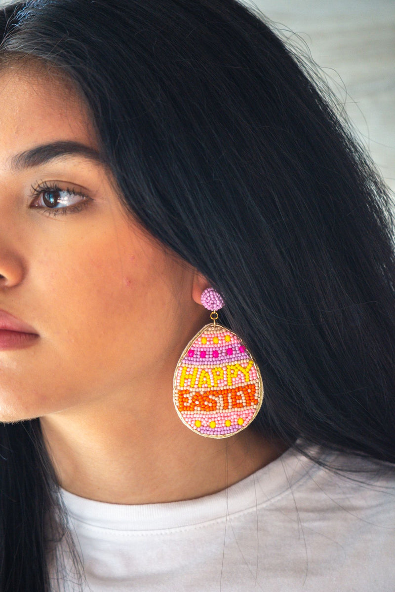 Happy Easter Egg Seed Bead Earrings in Purple and Pink