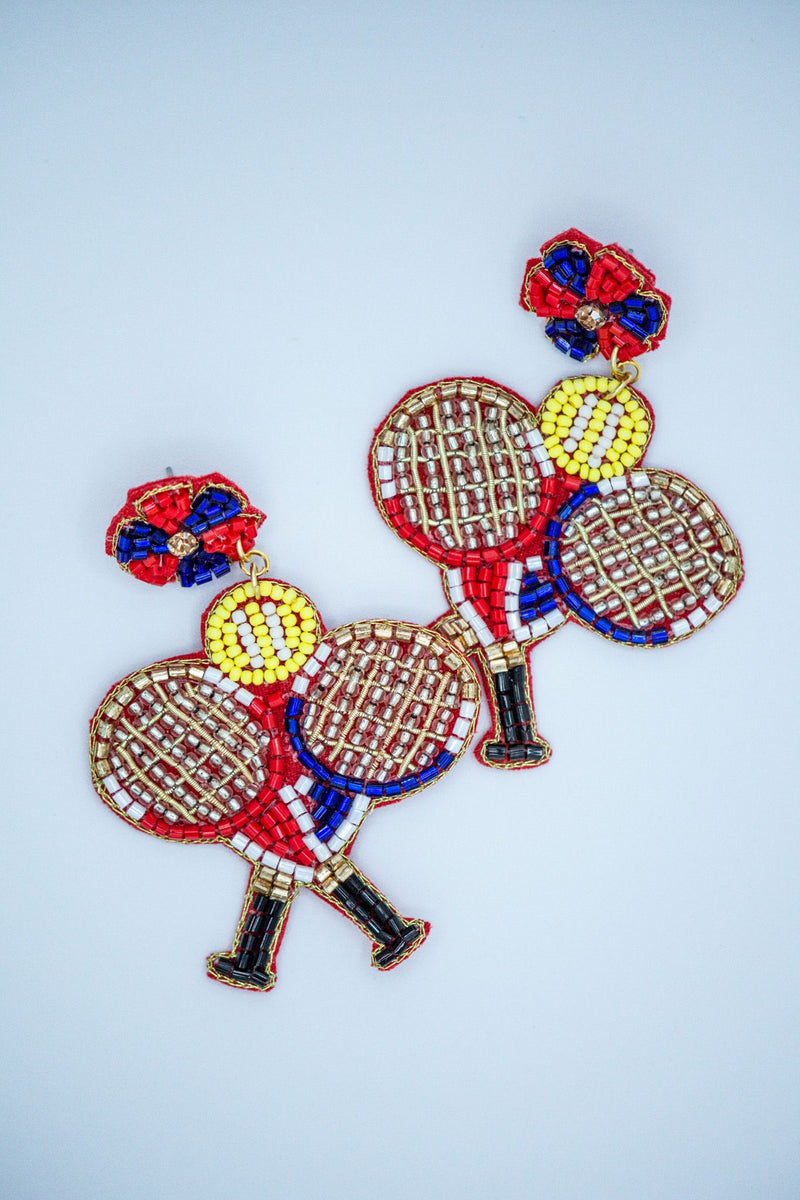 Doubles Tennis Racket Seed Bead Earrings in Red and Blue