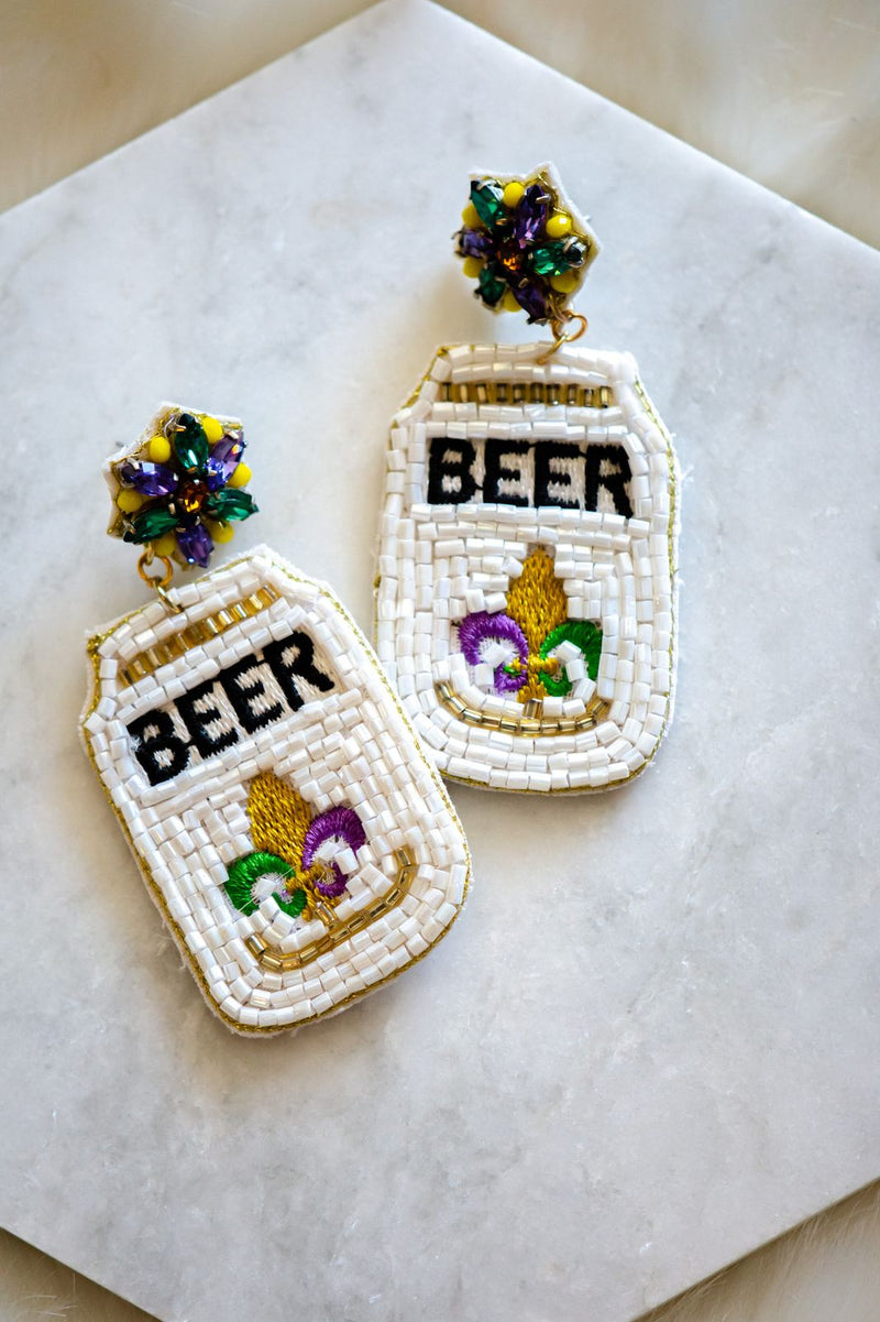Mardi Gras Beer Felt Back Beaded Earrings