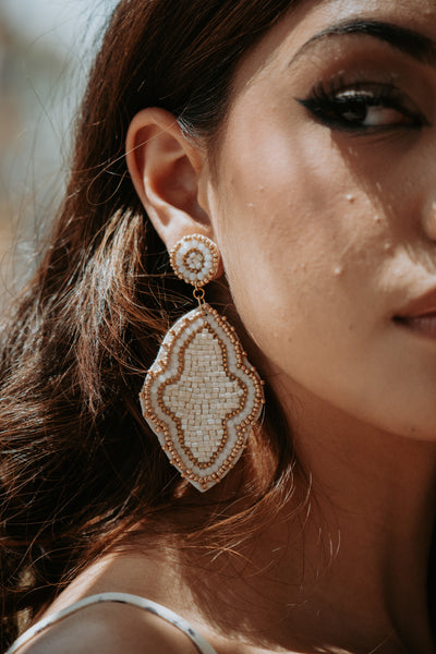 Moroccan Seed Bead Felt Back Earrings in Ivory