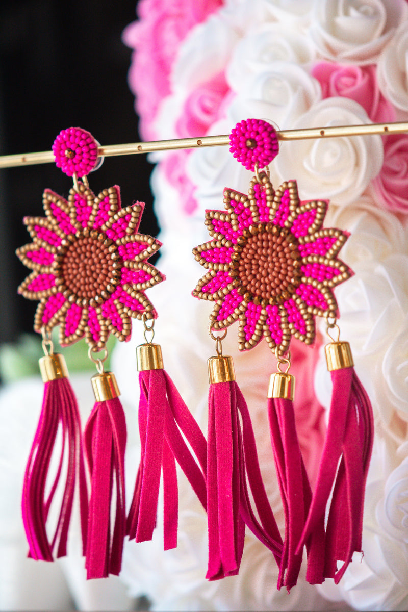 Pink Sunflower Seed Bead Post Earrings