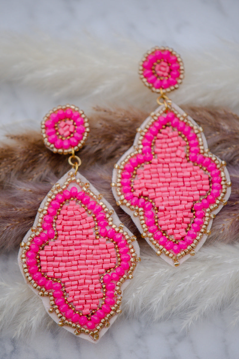 Moroccan Seed Bead Felt Back Earrings in Pink