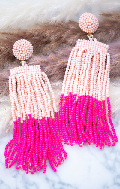 Beaded Tassel Fringe Drop Earrings in Pink