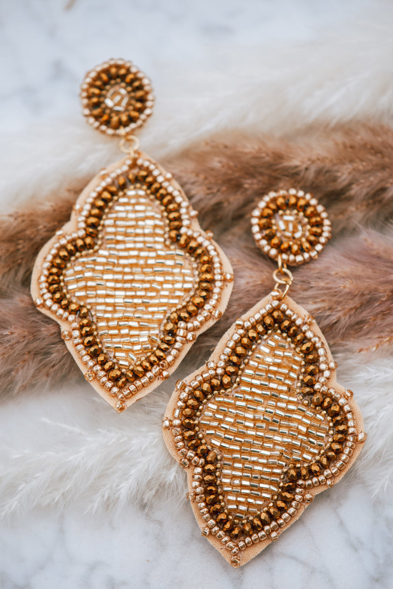 Moroccan Seed Bead Felt Back Earrings in Gold