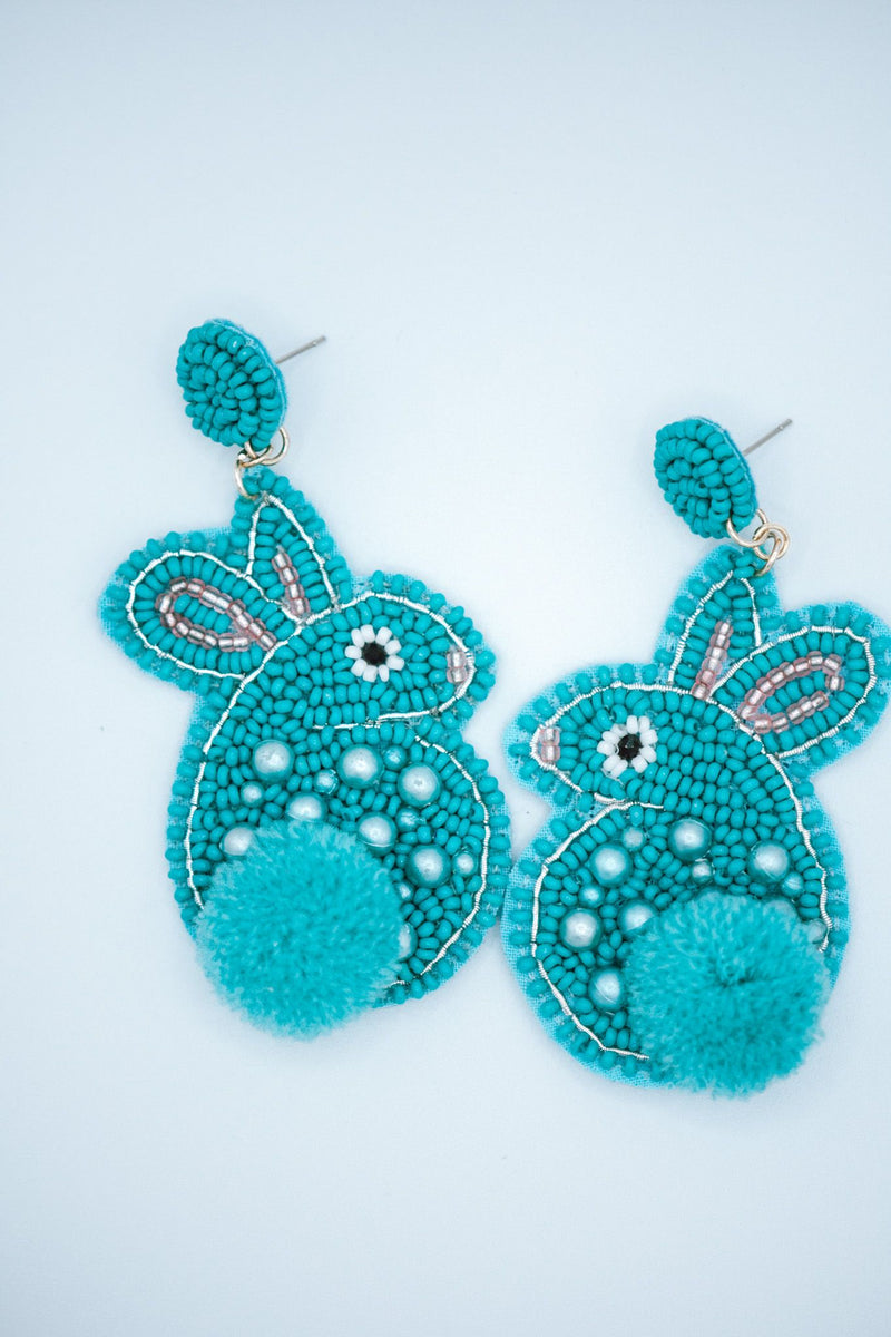 Easter Bunny Pom Seed Bead Earrings in Turquoise