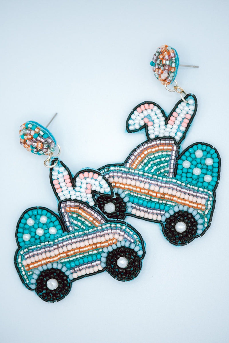 Easter Bunny Car Seed Bead Earrings in Turquoise