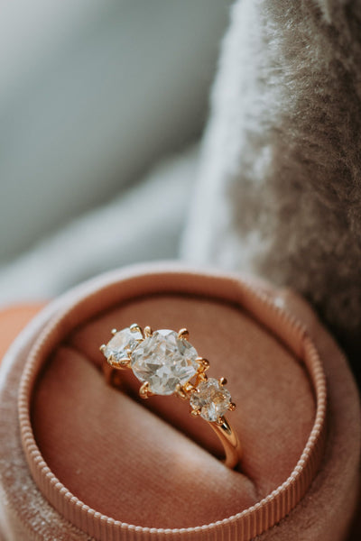 Deeply In Love 3-Stone Cushion Cut Gold Ring