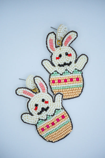 Easter Bunny on Egg Seed Bead Earrings in Ivory